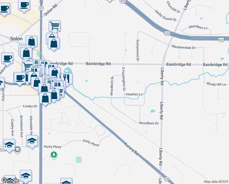 map of restaurants, bars, coffee shops, grocery stores, and more near 6437 Woodbury Drive in Solon
