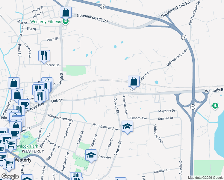map of restaurants, bars, coffee shops, grocery stores, and more near 87 Oak Street in Westerly