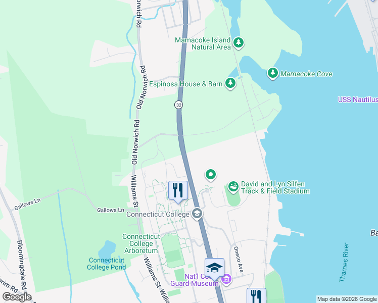 map of restaurants, bars, coffee shops, grocery stores, and more near 405 Mohegan Avenue Parkway in New London