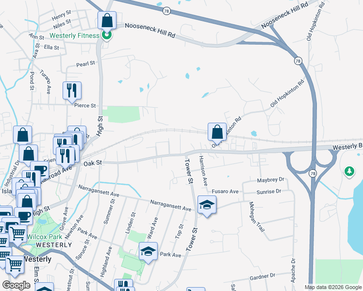 map of restaurants, bars, coffee shops, grocery stores, and more near 87 Oak Street in Westerly