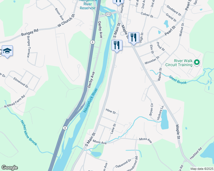 map of restaurants, bars, coffee shops, grocery stores, and more near 238 South Main Street in Seymour