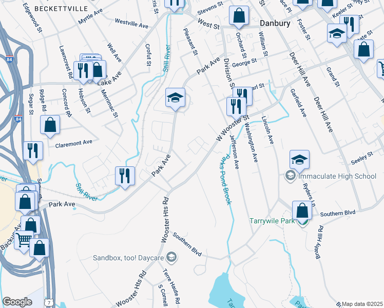 map of restaurants, bars, coffee shops, grocery stores, and more near 107 West Wooster Street in Danbury