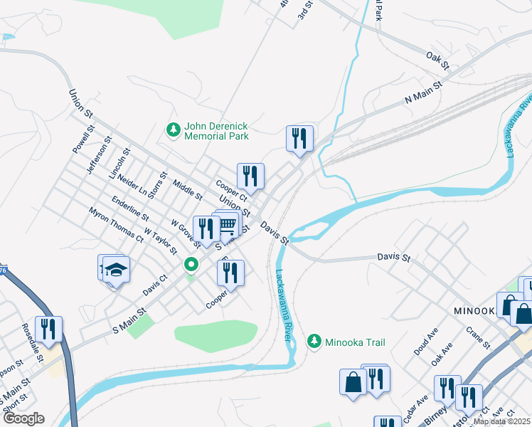 map of restaurants, bars, coffee shops, grocery stores, and more near 17-55 Davis Street in Scranton