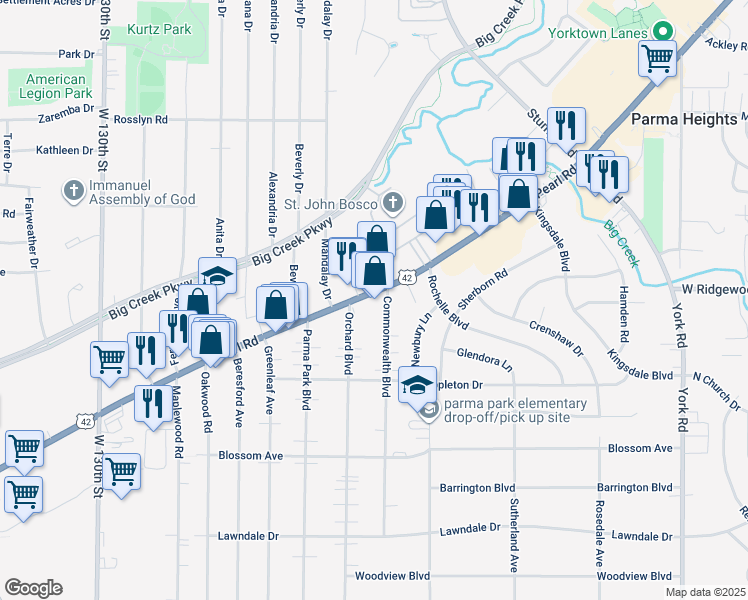 map of restaurants, bars, coffee shops, grocery stores, and more near 6632 Commonwealth Boulevard in Parma Heights