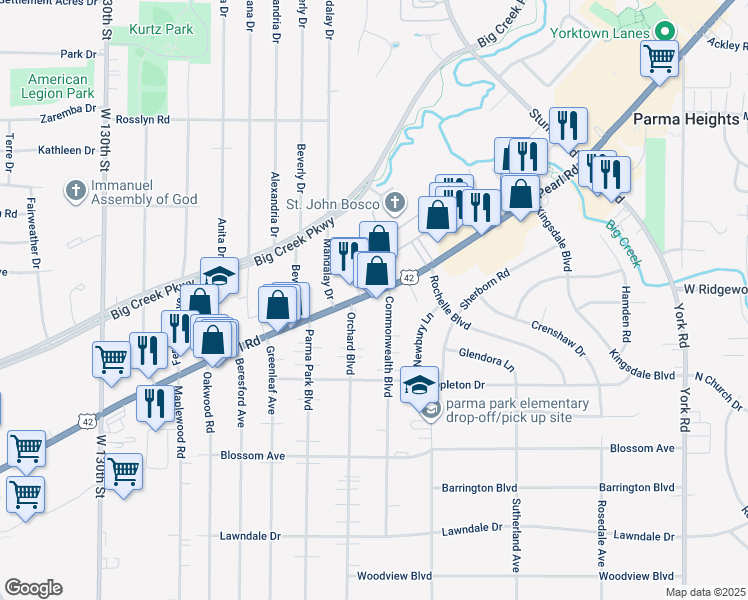 map of restaurants, bars, coffee shops, grocery stores, and more near 6632 Commonwealth Boulevard in Parma Heights