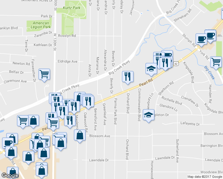 map of restaurants, bars, coffee shops, grocery stores, and more near 6618 Beverly Drive in Cleveland
