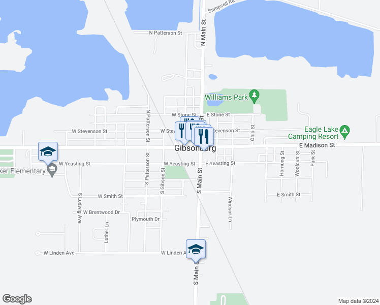 map of restaurants, bars, coffee shops, grocery stores, and more near 113 W Yeasting St in Gibsonburg