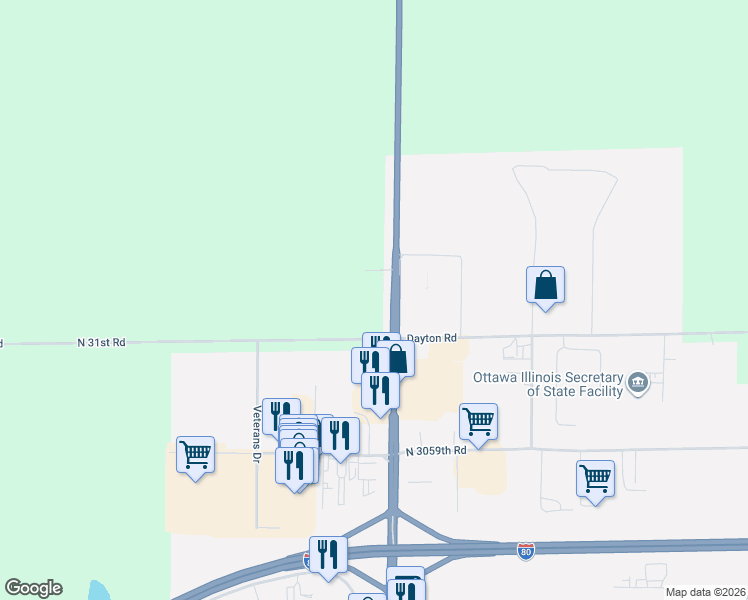 map of restaurants, bars, coffee shops, grocery stores, and more near 3107 Illinois 23 in Ottawa