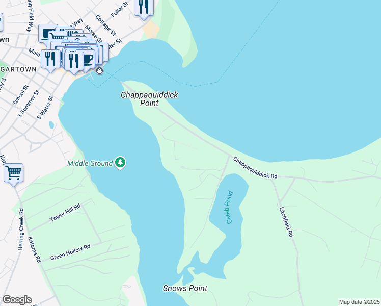 map of restaurants, bars, coffee shops, grocery stores, and more near 7 Armstrong Lane in Edgartown