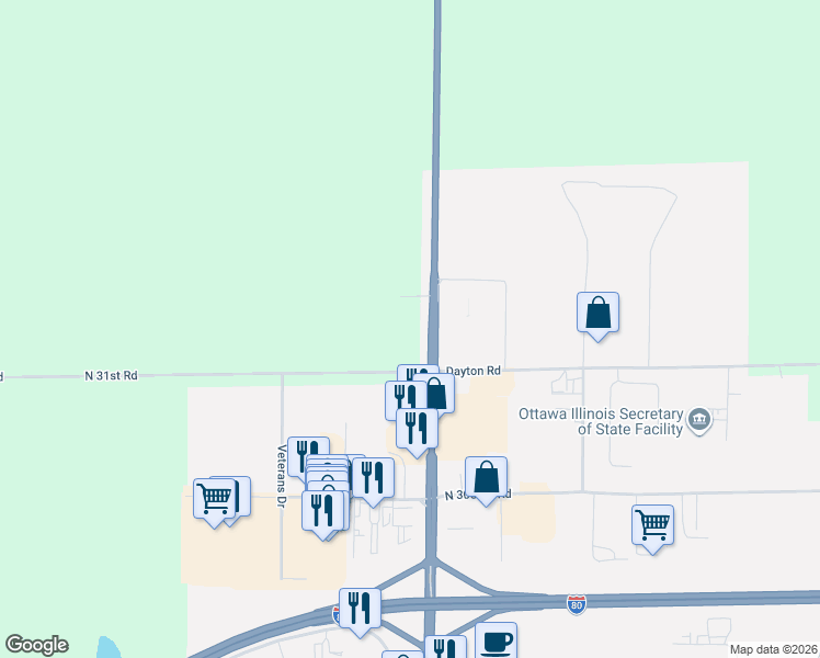 map of restaurants, bars, coffee shops, grocery stores, and more near 3107 Illinois 23 in Ottawa