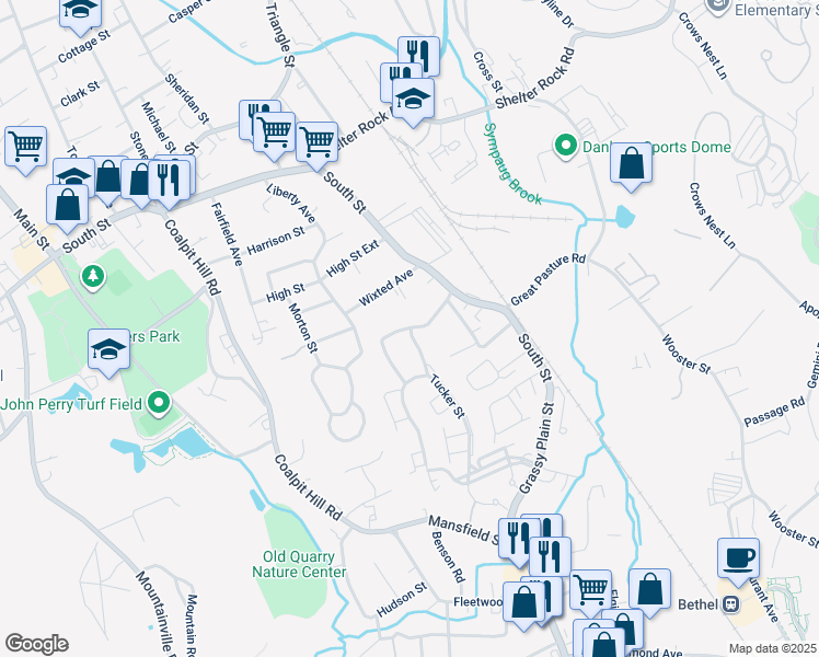 map of restaurants, bars, coffee shops, grocery stores, and more near 77 Lawrence Avenue in Danbury