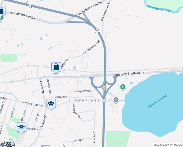 map of restaurants, bars, coffee shops, grocery stores, and more near 138 Oak Street in Westerly