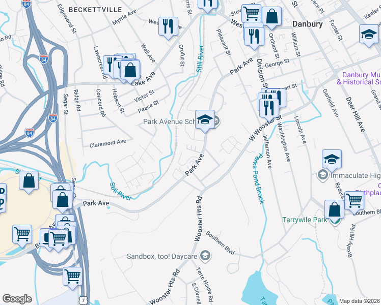map of restaurants, bars, coffee shops, grocery stores, and more near 93 Park Avenue in Danbury