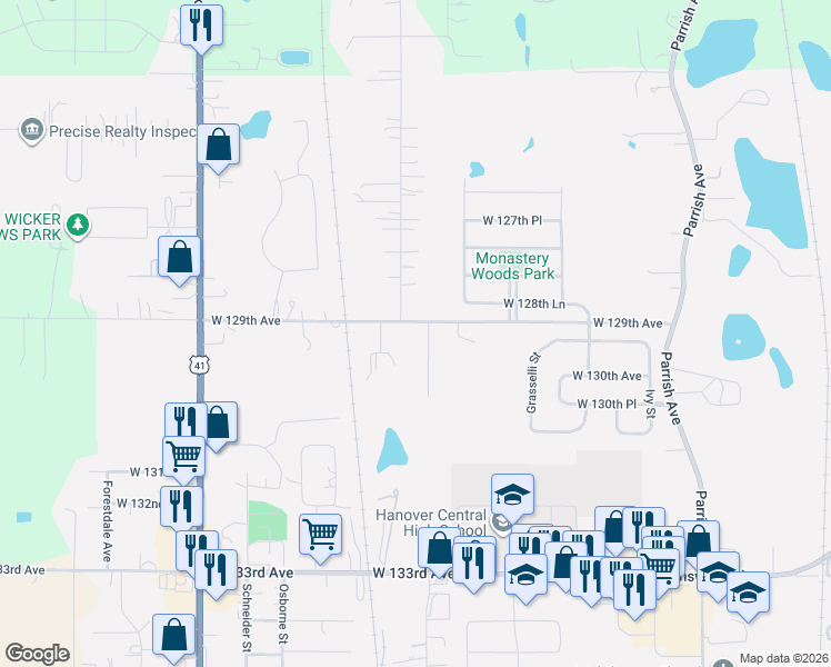 map of restaurants, bars, coffee shops, grocery stores, and more near 10520 West 129th Avenue in Cedar Lake