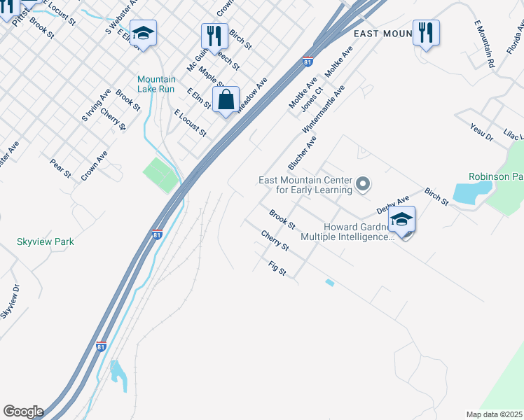map of restaurants, bars, coffee shops, grocery stores, and more near 1301 Blucher Avenue in Scranton