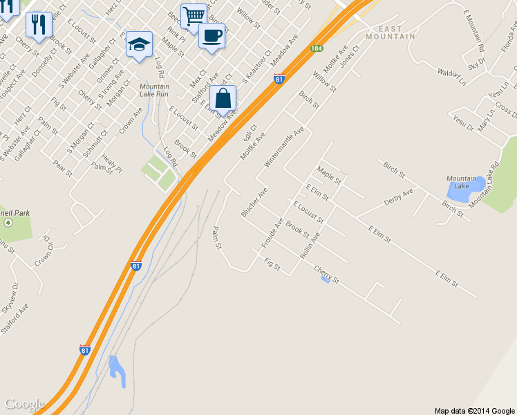 map of restaurants, bars, coffee shops, grocery stores, and more near 1301 Blucher Avenue in Scranton