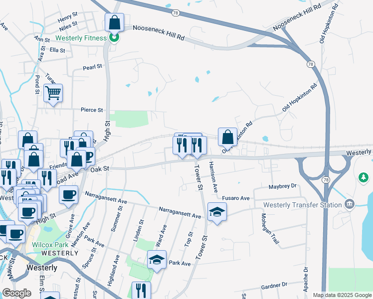 map of restaurants, bars, coffee shops, grocery stores, and more near 11 Burns Avenue in Westerly