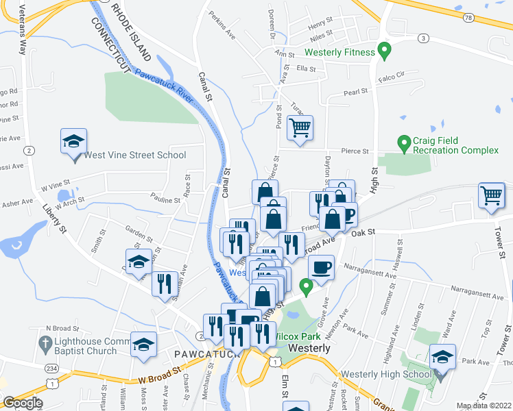 map of restaurants, bars, coffee shops, grocery stores, and more near 9 Geranium Lane in Westerly