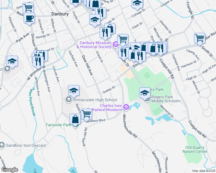 map of restaurants, bars, coffee shops, grocery stores, and more near 4 Wilson Street in Danbury