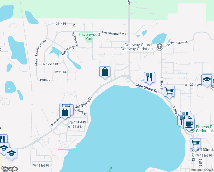map of restaurants, bars, coffee shops, grocery stores, and more near 8300 Lake Shore Drive in Cedar Lake
