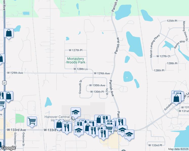 map of restaurants, bars, coffee shops, grocery stores, and more near 9728 W 129th Ave in Cedar Lake