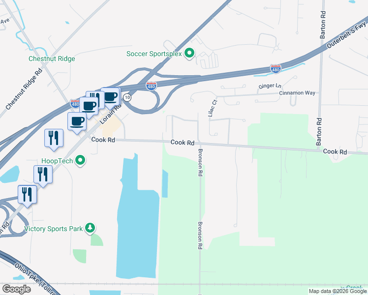 map of restaurants, bars, coffee shops, grocery stores, and more near 27389 Cook Road in Cuyahoga County