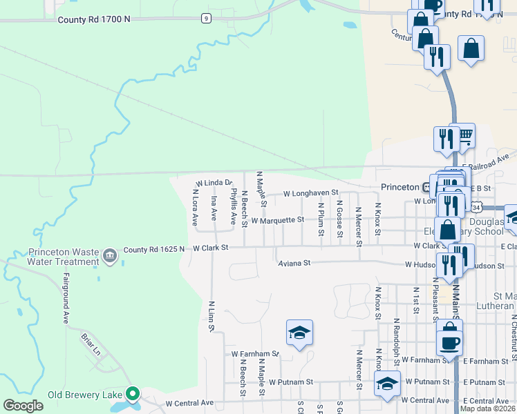 map of restaurants, bars, coffee shops, grocery stores, and more near 1207 North Beech Street in Princeton