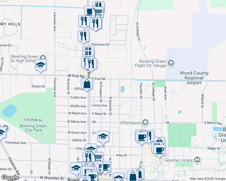 map of restaurants, bars, coffee shops, grocery stores, and more near 939 North Summit Street in Bowling Green