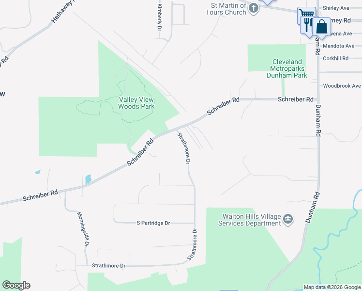 map of restaurants, bars, coffee shops, grocery stores, and more near 6555 Strathmore Drive in Valley View