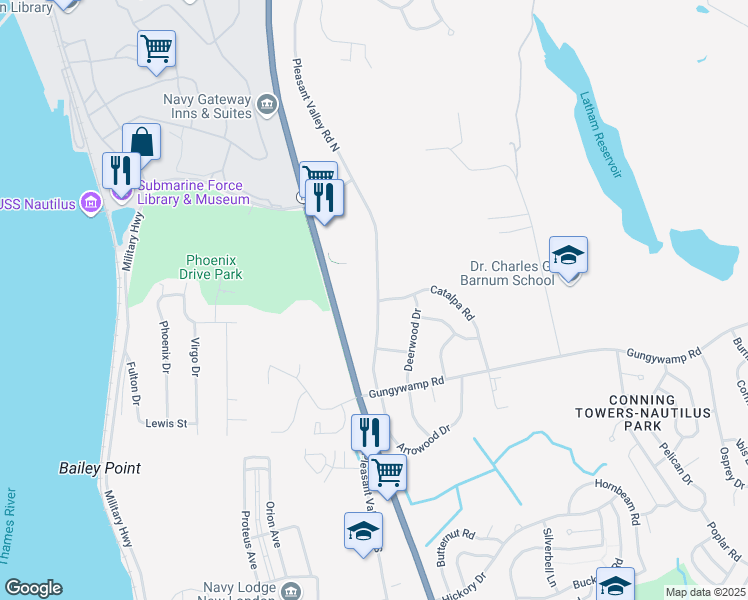 map of restaurants, bars, coffee shops, grocery stores, and more near 700 Pleasant Valley Road North in Groton