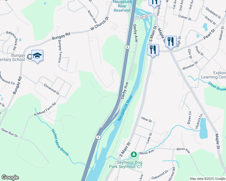 map of restaurants, bars, coffee shops, grocery stores, and more near 202 Cedar Street in Seymour
