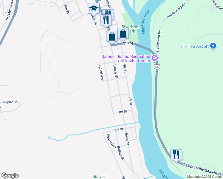 map of restaurants, bars, coffee shops, grocery stores, and more near 542 Buffalo Street in Franklin
