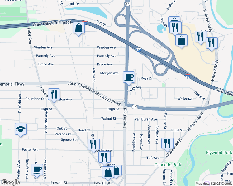 map of restaurants, bars, coffee shops, grocery stores, and more near 450 Bell Avenue in Elyria