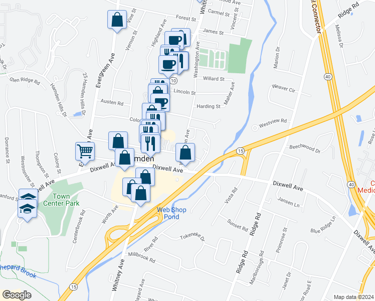 map of restaurants, bars, coffee shops, grocery stores, and more near 37 Washington Avenue in Hamden
