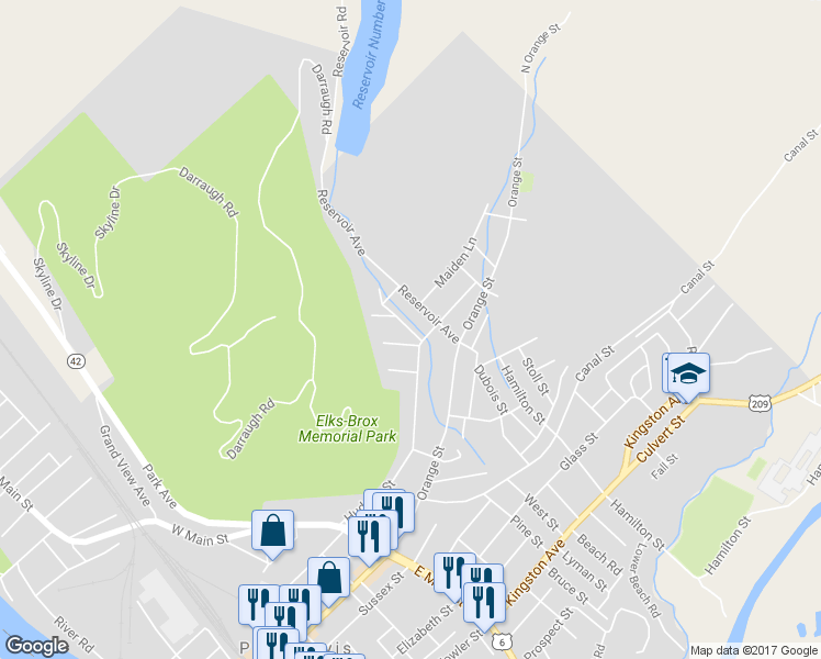 map of restaurants, bars, coffee shops, grocery stores, and more near 10 Elmendorf Street in Port Jervis