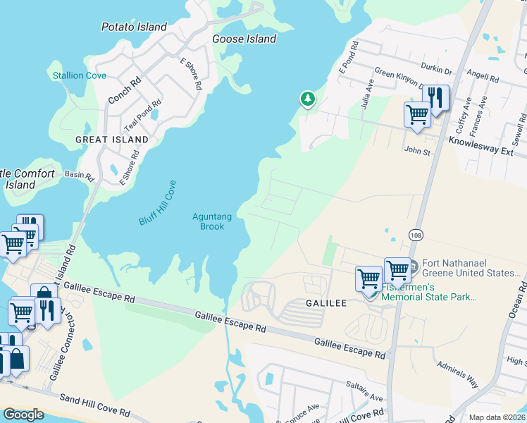 map of restaurants, bars, coffee shops, grocery stores, and more near 44 Sunset Shore Drive in Narragansett