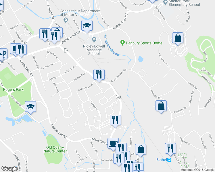 map of restaurants, bars, coffee shops, grocery stores, and more near 8 Mannions Lane in Danbury