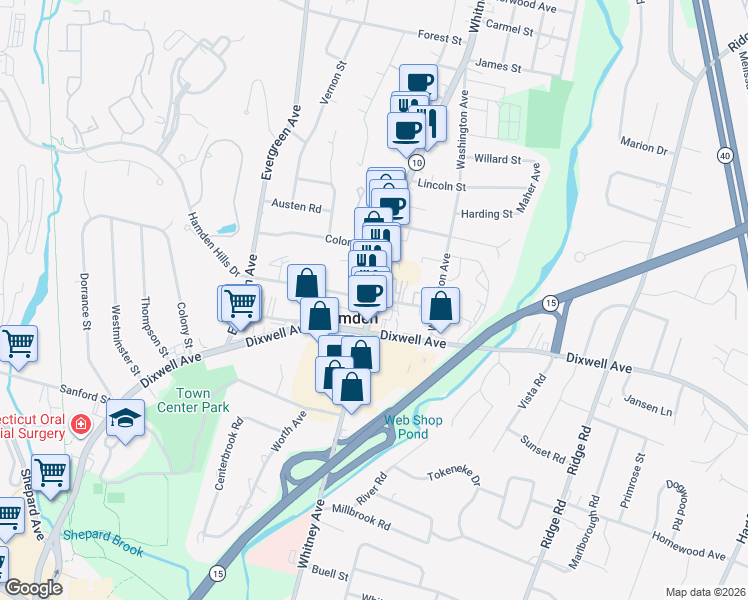 map of restaurants, bars, coffee shops, grocery stores, and more near Whitney Ave & School St in Hamden