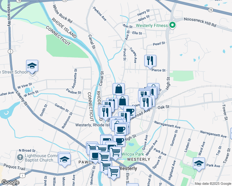 map of restaurants, bars, coffee shops, grocery stores, and more near 9 Geranium Lane in Westerly