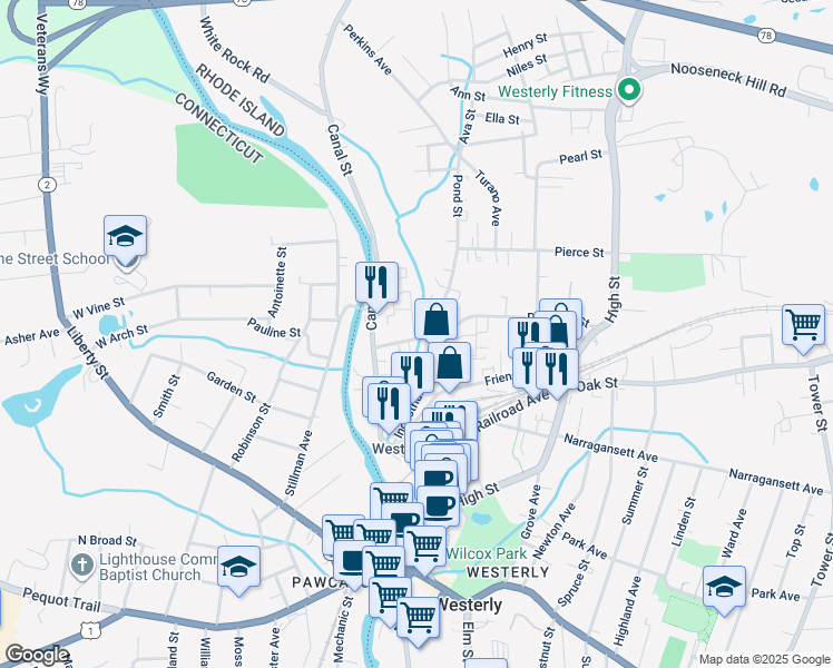 map of restaurants, bars, coffee shops, grocery stores, and more near 9 Geranium Lane in Westerly