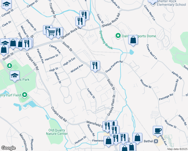 map of restaurants, bars, coffee shops, grocery stores, and more near 5 Mannions Lane in Danbury