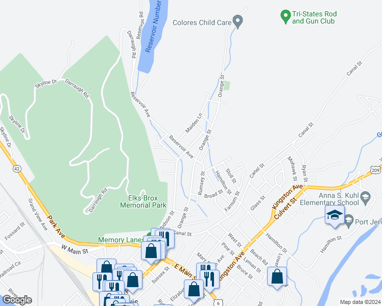 map of restaurants, bars, coffee shops, grocery stores, and more near 3 Reservoir Avenue in Port Jervis