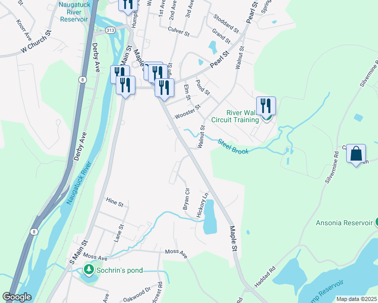 map of restaurants, bars, coffee shops, grocery stores, and more near 108 Maple Street in Seymour