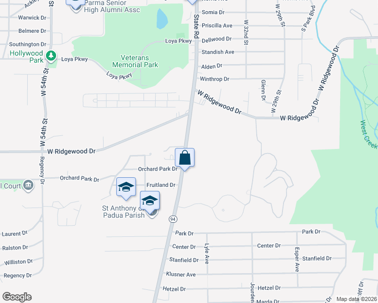 map of restaurants, bars, coffee shops, grocery stores, and more near 6591 State Road in Parma