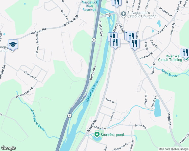 map of restaurants, bars, coffee shops, grocery stores, and more near 149 Derby Avenue in Seymour
