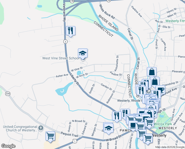 map of restaurants, bars, coffee shops, grocery stores, and more near 22 West Arch Street in Stonington