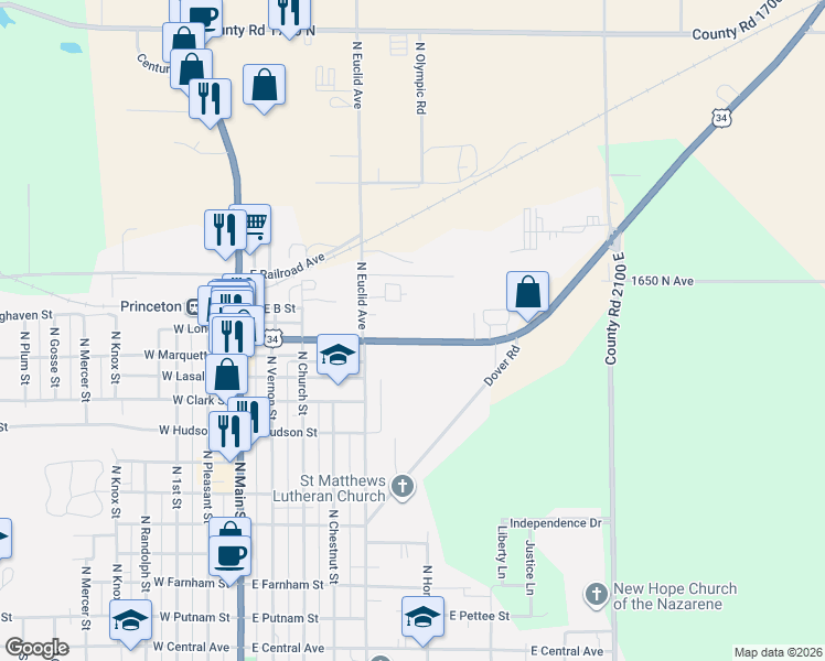 map of restaurants, bars, coffee shops, grocery stores, and more near 555 Elm Place in Princeton