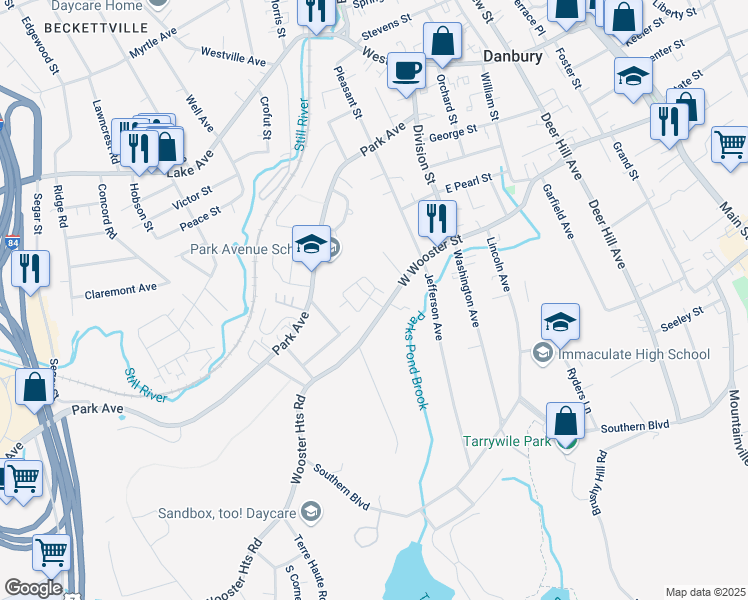 map of restaurants, bars, coffee shops, grocery stores, and more near 9 Fairview Drive in Danbury
