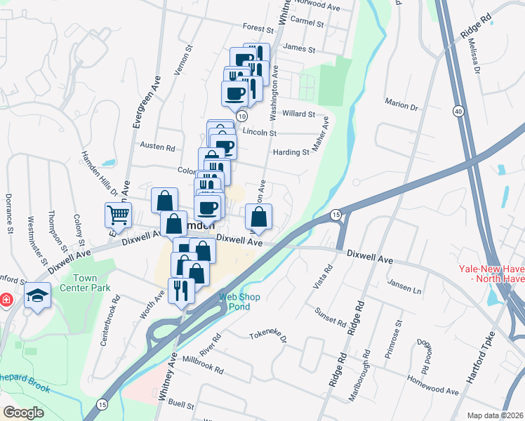map of restaurants, bars, coffee shops, grocery stores, and more near 49 Washington Avenue in Hamden