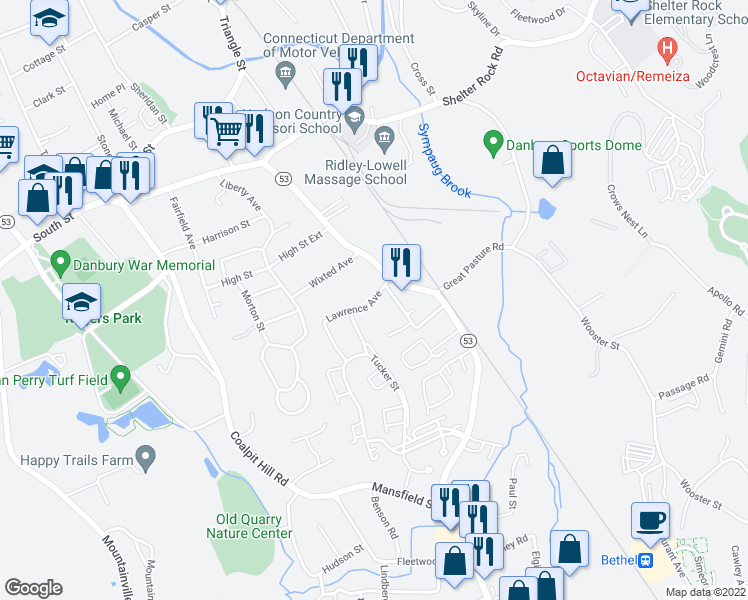 map of restaurants, bars, coffee shops, grocery stores, and more near 21A Wixted Avenue in Danbury